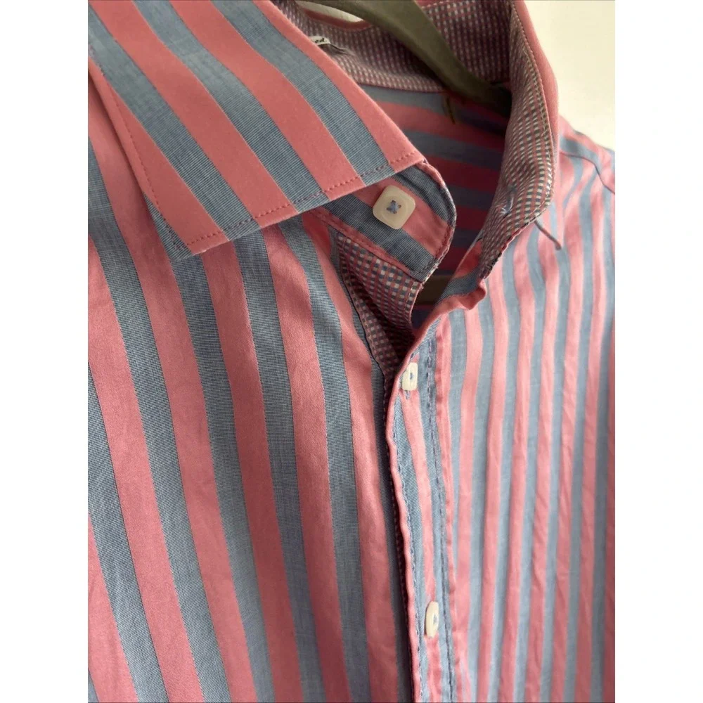 Bugatchi Long Sleeve Button Up Shirt Flip Cuff  Stripe Men's Large Shaped Fit‎